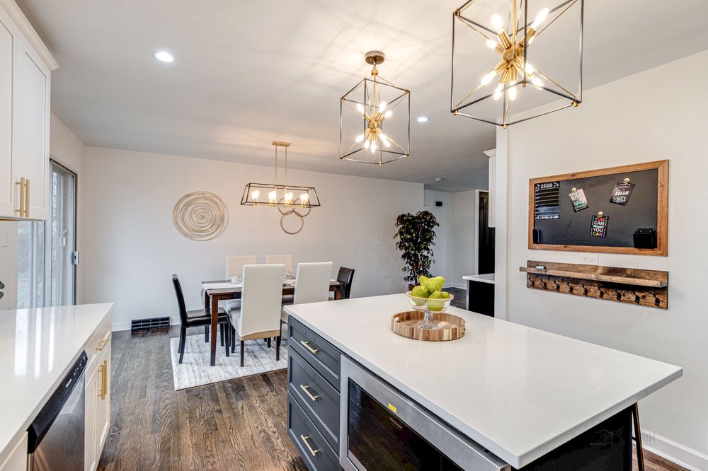 Loft kitchen with hardwood floors